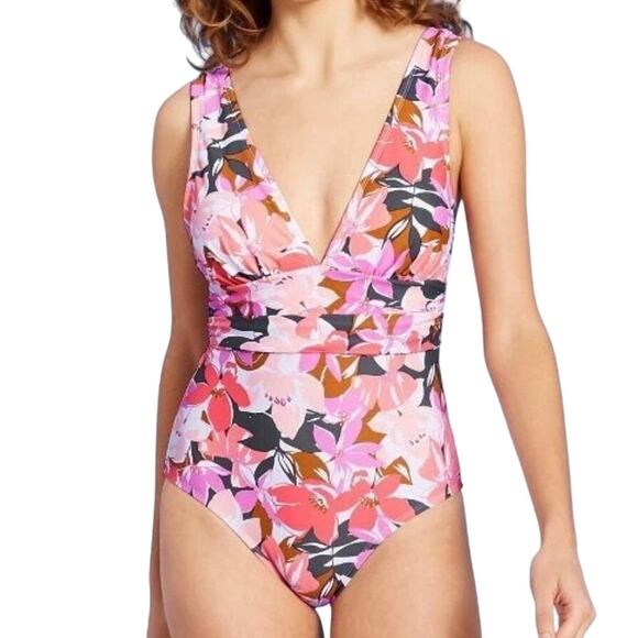 NWT Kona Sol Pink Grey Floral High Coverage One Piece Swimsuit Size Large - Picture 1 of 11